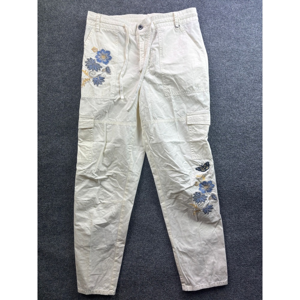 Sundance Cargo Pants Womens 6 Ivory Floral Embroidered Cotton Straight Leg